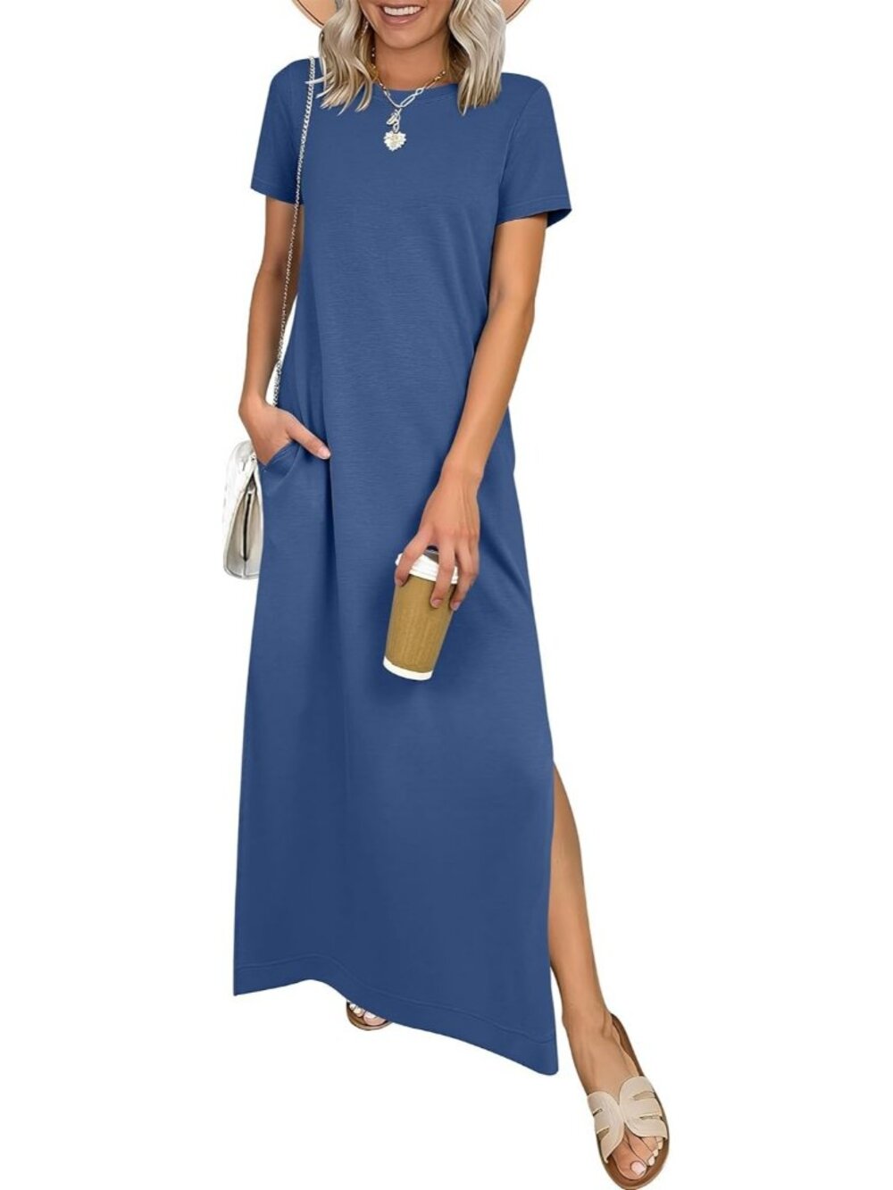 Women's Deep Blue Crewneck Summer Casual Maxi Short Sleeve Split Long Dress